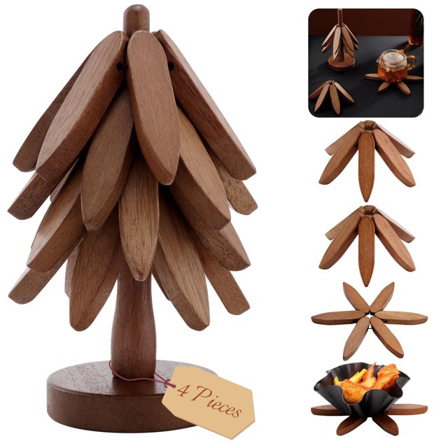 Juego de posavasos FONYICK, árbol de madera con soporte de madera de sapele, 4 unidades