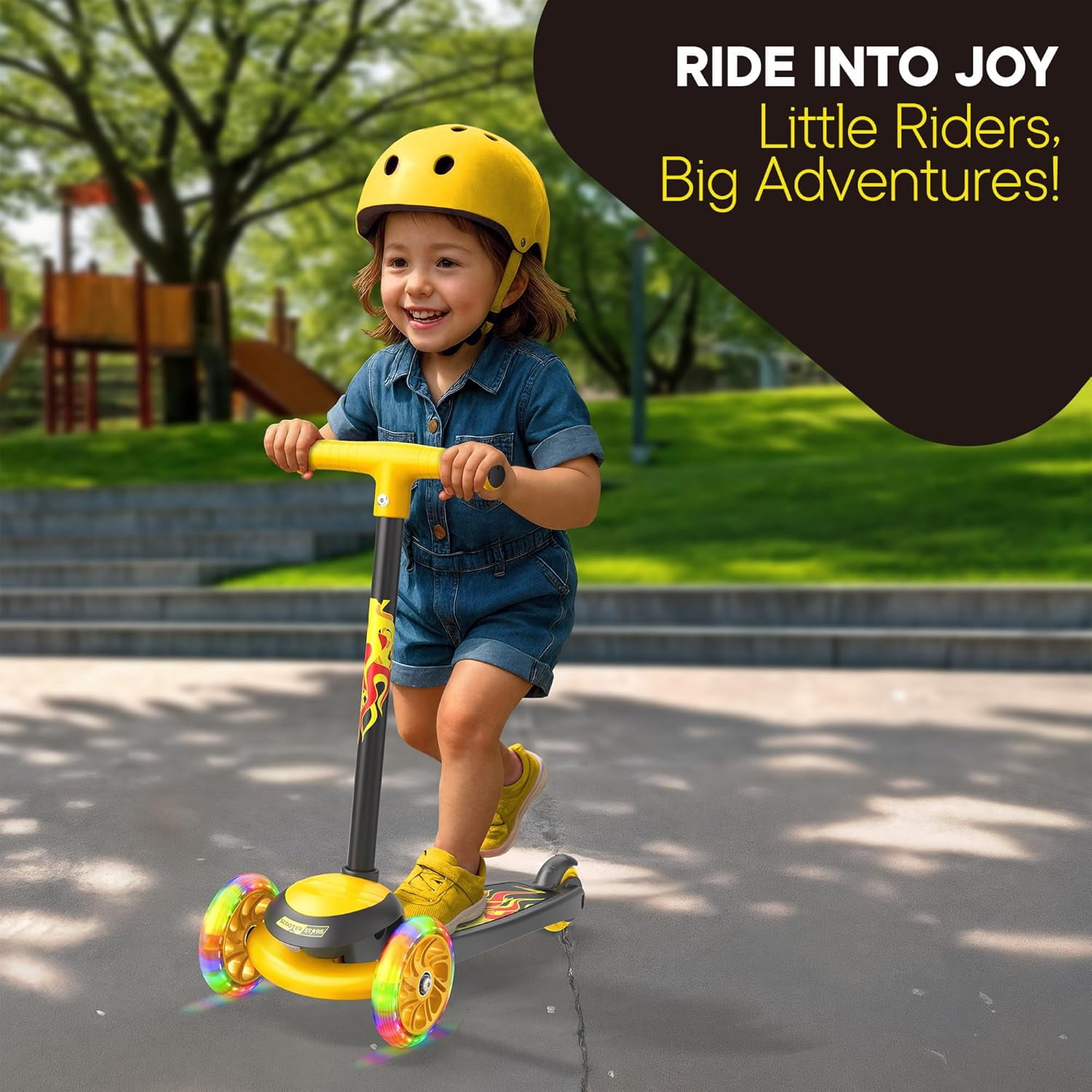 Scooter Stars 3-Wheel Kids Scooter with Light-Up LED Front Wheels, Wide Anti-Slip Deck, Rear Foot Brake, Lean-to-Steer Ride-On Toy