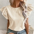 thumbnail image 5 of HOMBOM Beige Women Shirts Casual Striped Crew Neck Loose Ruffled Sleeve Short Sleeve Blouse XL, 5 of 6