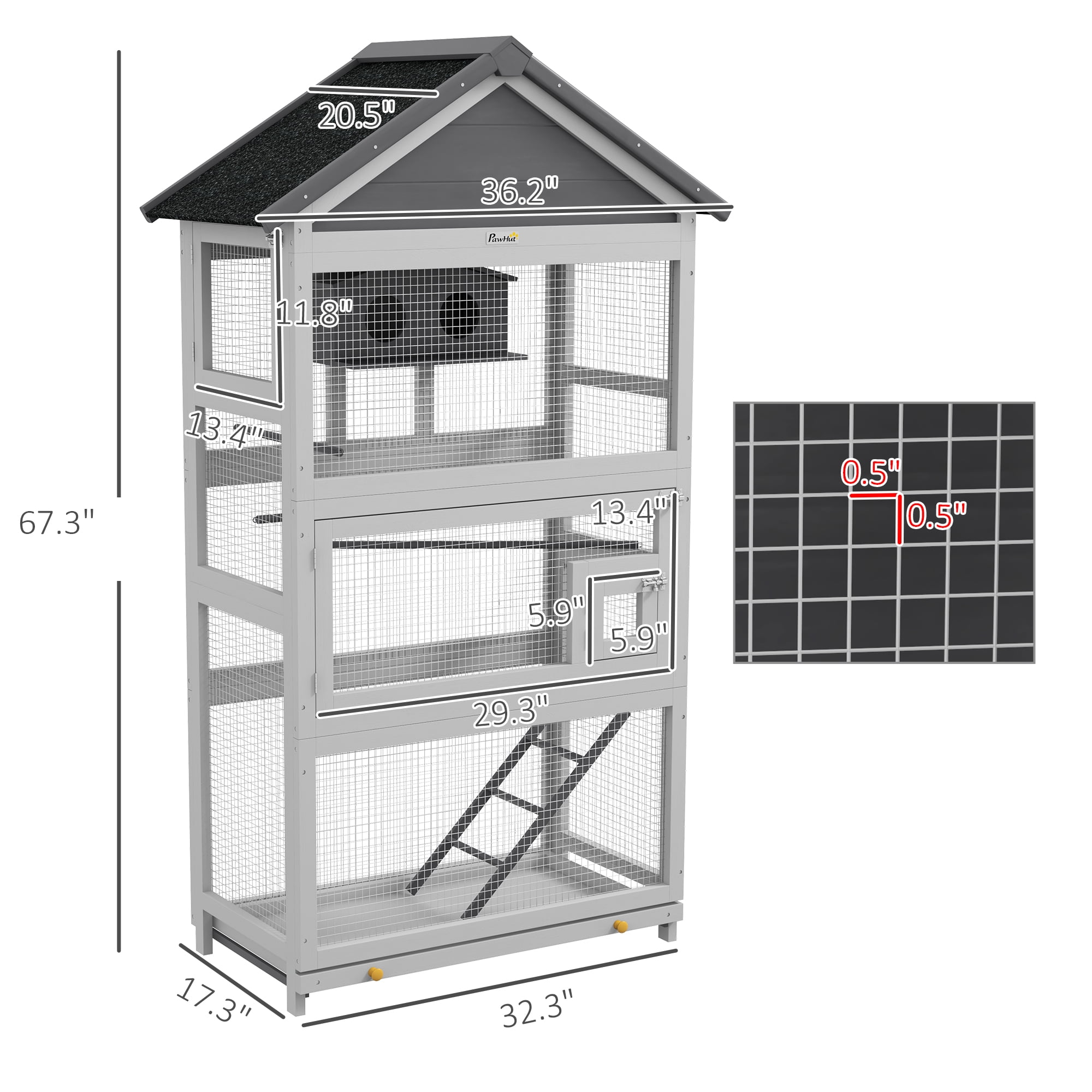 Wooden Bird Aviary, 67" Outdoor Bird Cage with Slide-Out Tray, Three Doors, Birdhouse, Ladder, Perches for Finches, Parakeets, Gray