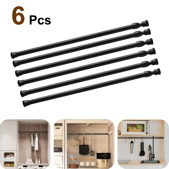 Mumo 6 Pcs Spring Tension Curtain Rod,Multifunctional Adjustable Rods for Kitchen Bathroom Wardrobe Closet,No Drilling,Black,12-20"