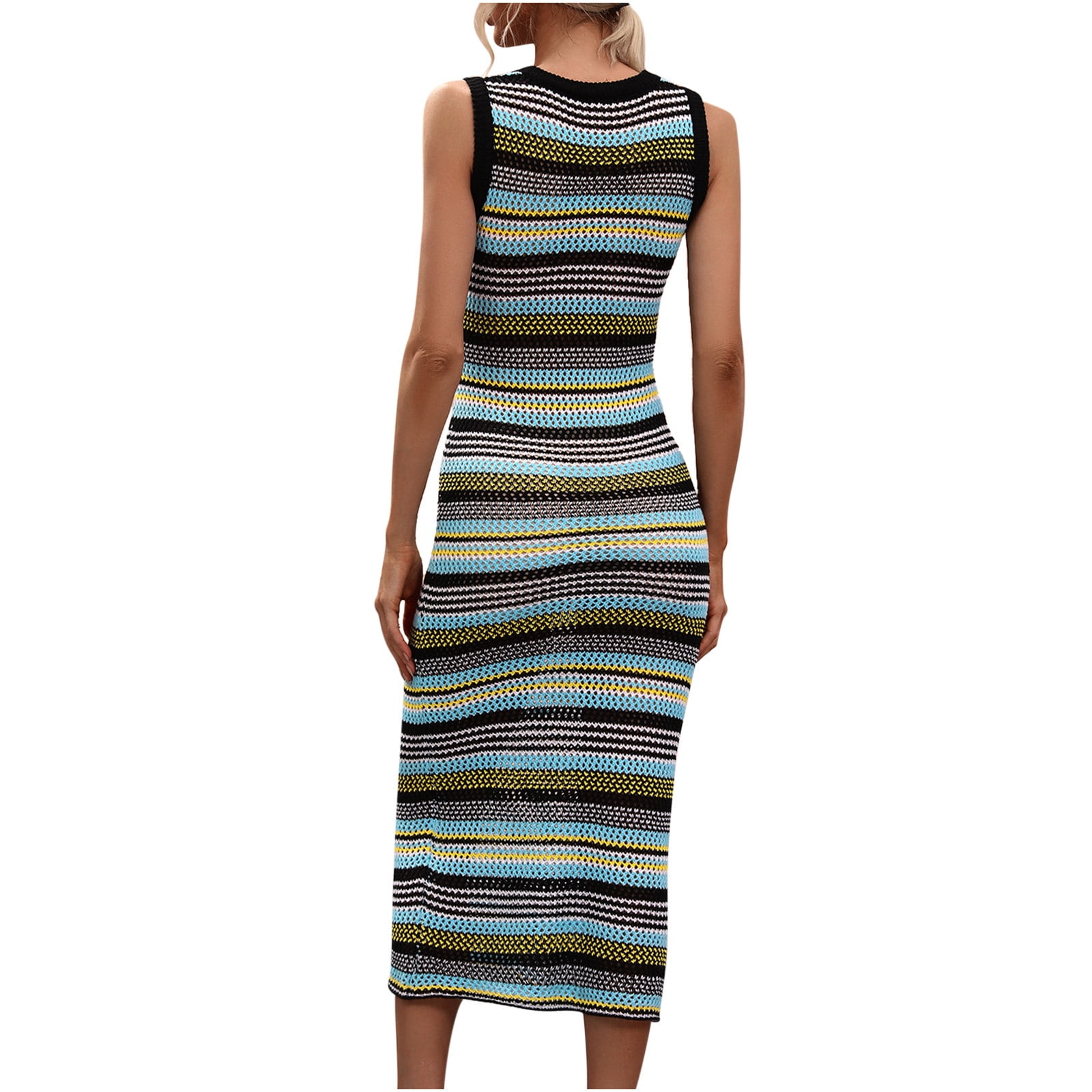 Crochet Dresses for Women Sexy Hollow Out Knitted Beach Bikini Cover Ups Sleeveless Crew Neck Trendy Stripe Printed Slim Fit Cover-Up Tank Midi Dress