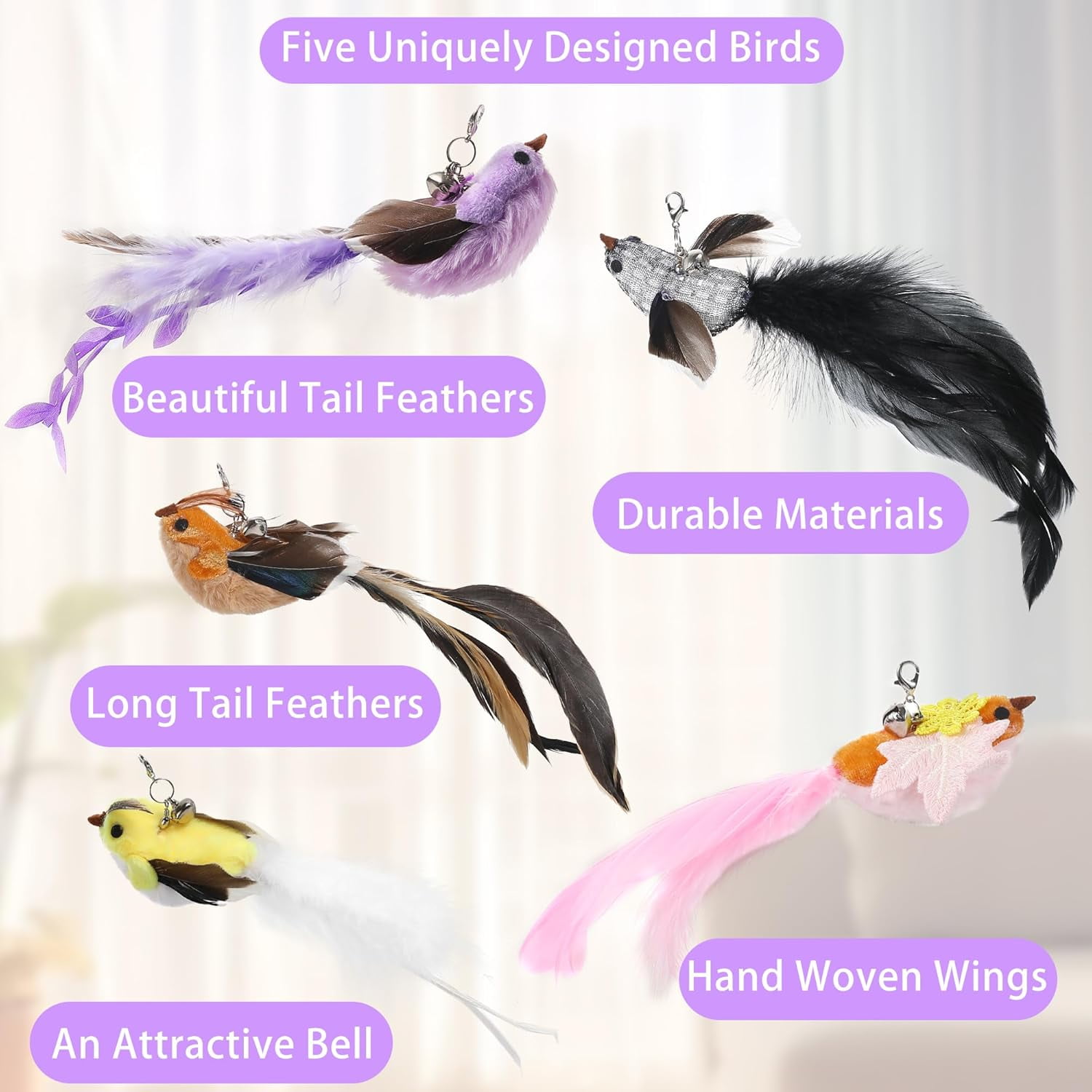 Flying Bird Cat Toys - Wooden Cats Wand Toy Fishing Pole Cat Bird Toys Replacements, Interactive Suction Cup and Door Hanging Cat String Toys for Indoor Cats