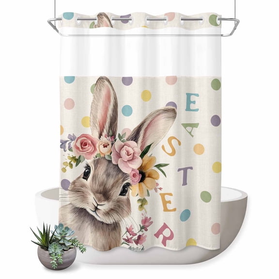 No Hook Shower Curtain with Built-in Rings - Floral Bunny Easter Washable Waterproof Fabric Bathroom Curtains for Hotel,Rentals, 72X 96 Inch Extra Long , Color Polka Dot Pattern Linen