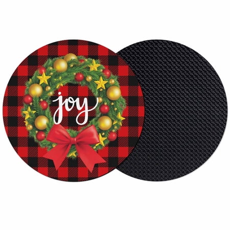Christmas Wreath Coasters Set of 2 Absorbent Coasters for Drinks Xmas Balls Pine Bow Red Buffalo Plaid Coaster for Desk Coffee Table Protection Home Decor House Warming Gifts 4