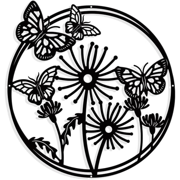 Dandelion Butterfly Metal Wall Art Decor Flat Round Matte Black Wall Hanging Decor Silhouette Wall Art for Home Bedroom Living Room Bathroom Kitchen Office Hotel Wall Decoration (28.4×30cm) Butterfly