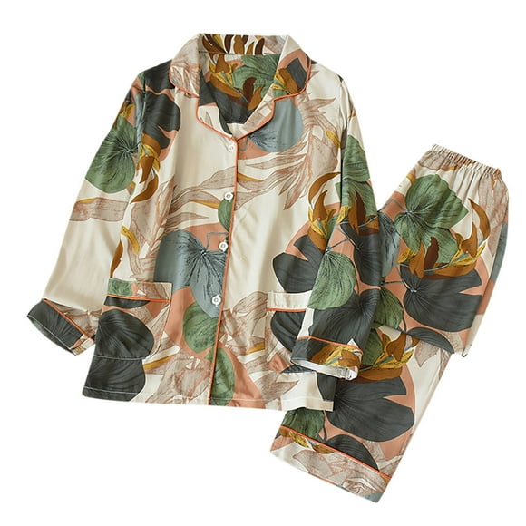 RKSTN Ensembles de Pyjama pour Femmes en Coton Léger à Imprimé Floral Vêtements de Nuit Manches Longues Col Rabattu Hauts avec Poches avec Pantalon
