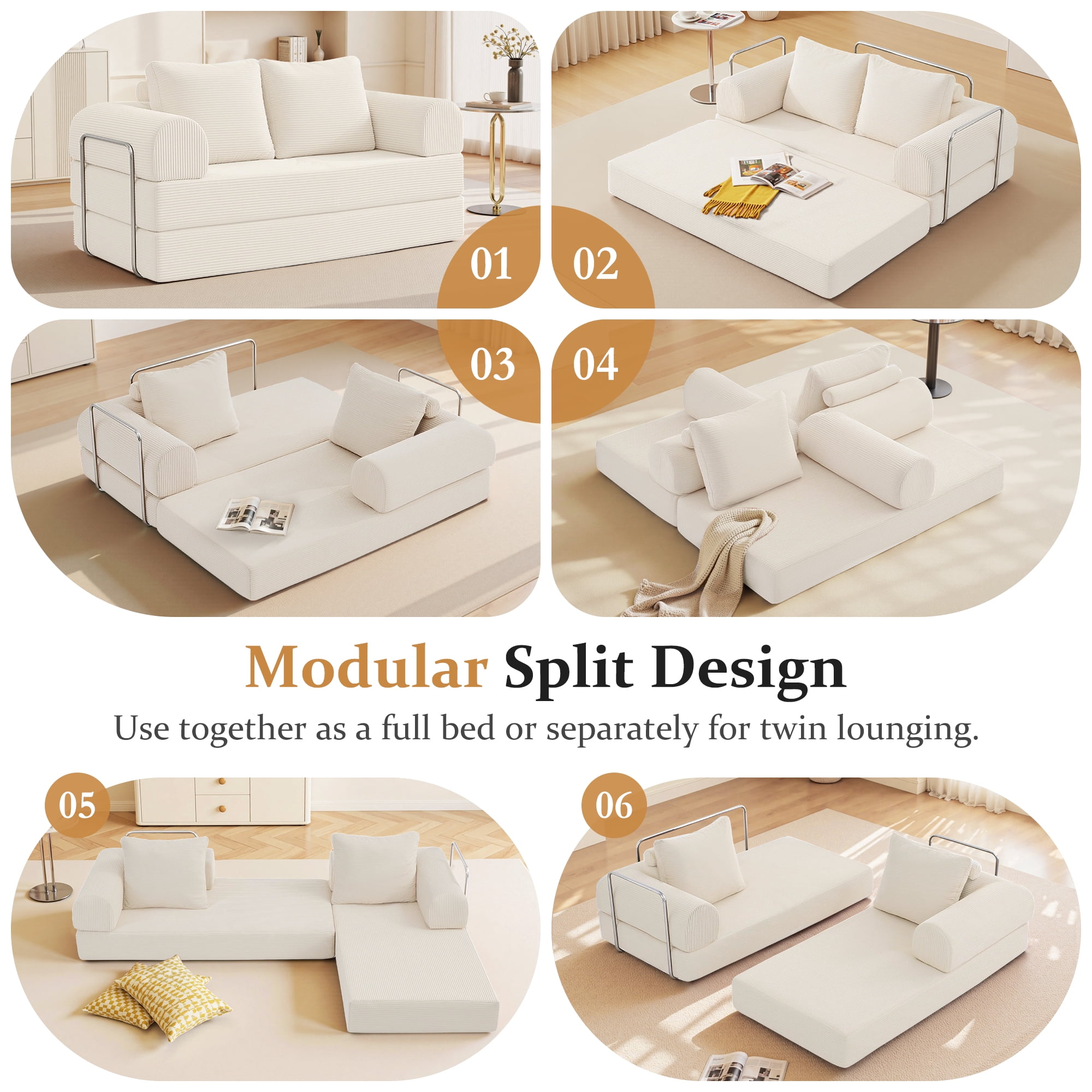COOLHUT 63" W Convertible Sofa Bed, Foam Floor Sofa, Folding Sleeper Sofa Couch Bed with Six Frame, High Rebound Density Sofa, Corduroy Sofa Couch Bed for Living Room, Bedroom, Beige