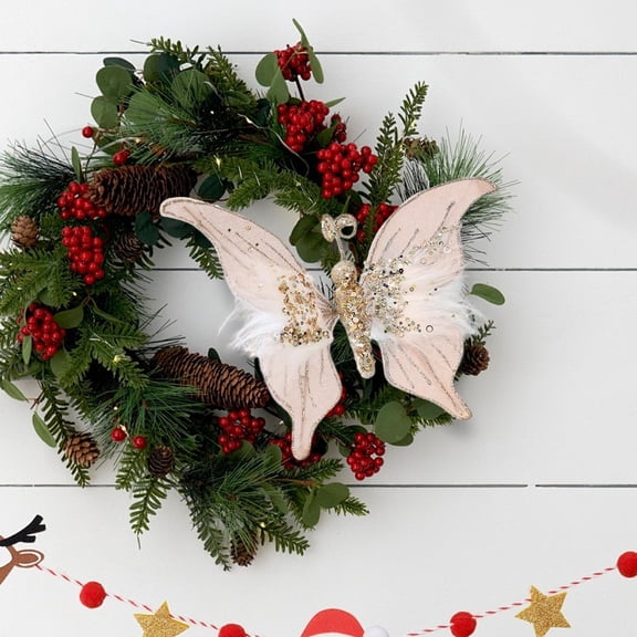 Glitter Butterfly Christmas Ornaments Red White Champagne Gold Butterfly With Feathers Ornaments For Wedding Wreaths Floristry Festive And Christmas Tree Hanging Decorations