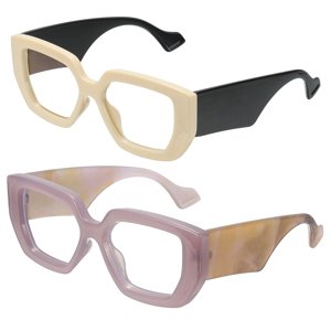 Uxcell 2pcs Thick Frame Blue Light Glasses for Women Black2/Brown(Clear Lens)