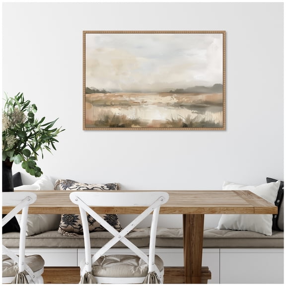 Kate and Laurel Framed Canvas Wall Art Print Neutral Abstract Landscape by The Creative Bunch Studio, 33 x 23 Sylvie Beaded Rustic Natural Frame, Modern Contemporary, Landscape Art for Wall Decor