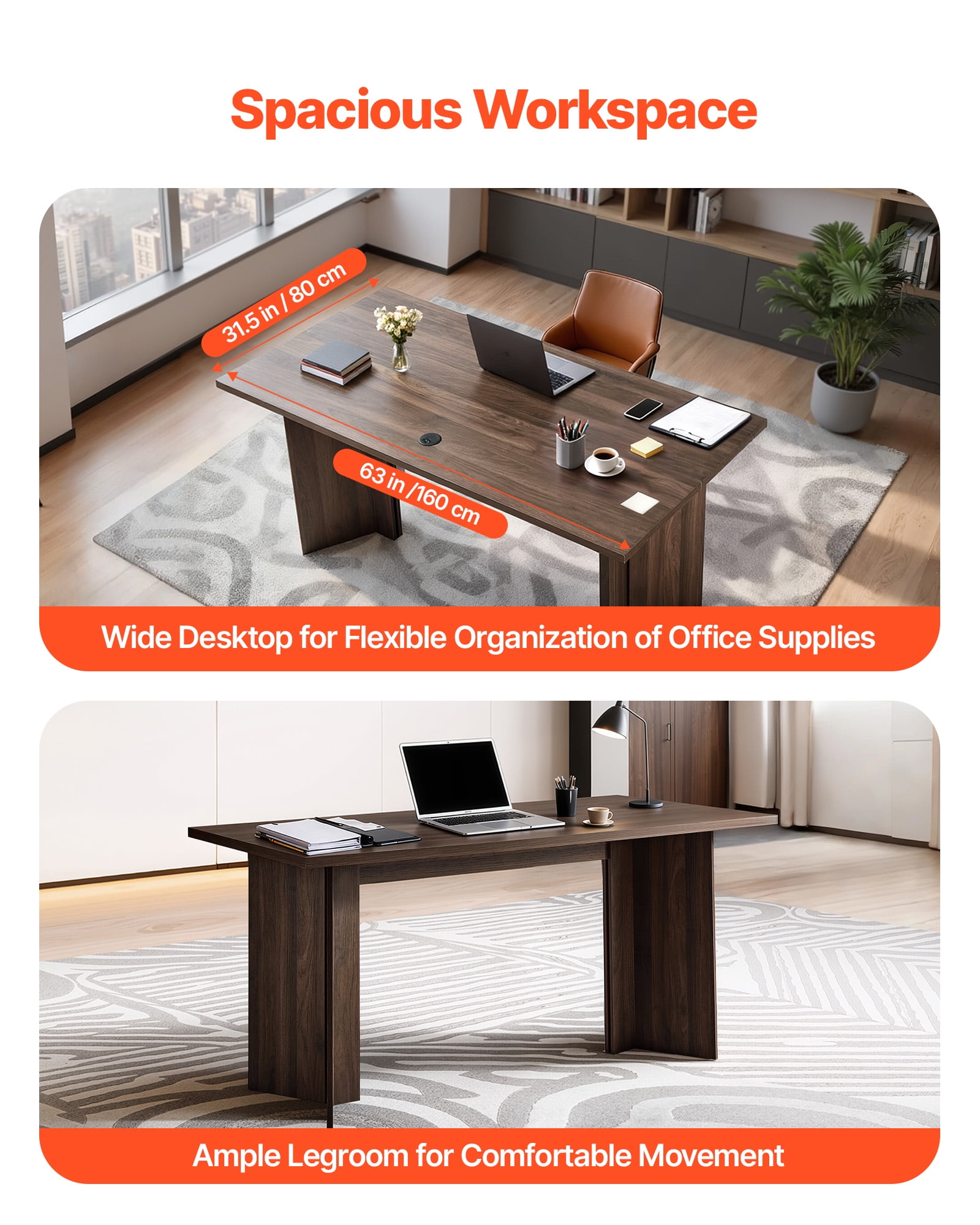 VEVOR 63 in Executive Desk, Large Modern Rectangle Office Table, Heavy Duty Wooden Executive Table with Cable Connection Hole, 250 LBS Load Capacity, Easy Assembly, for Work Study Writing, Walnut