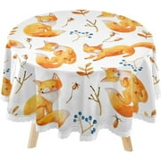 SKYSONIC Watercolor Foxes Round Tablecloth 60inch Indoor Wrinkle Free, Autumn Branches Circular Lace Table Cover Washable for Kitchen Party BBQ Dining Decor