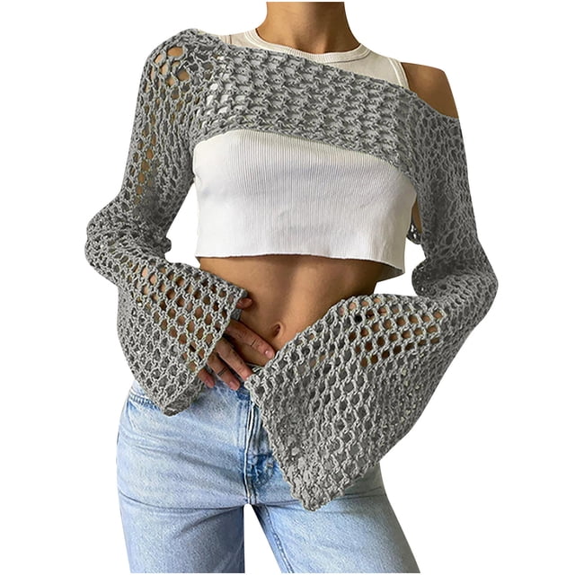 Sorties de Plage for Maillots de Bain Femmes Chemise Tricotée Ajourée Unie Col Rond Manches Longues Hauts Tricotés Sorties de Plage sur Clearance