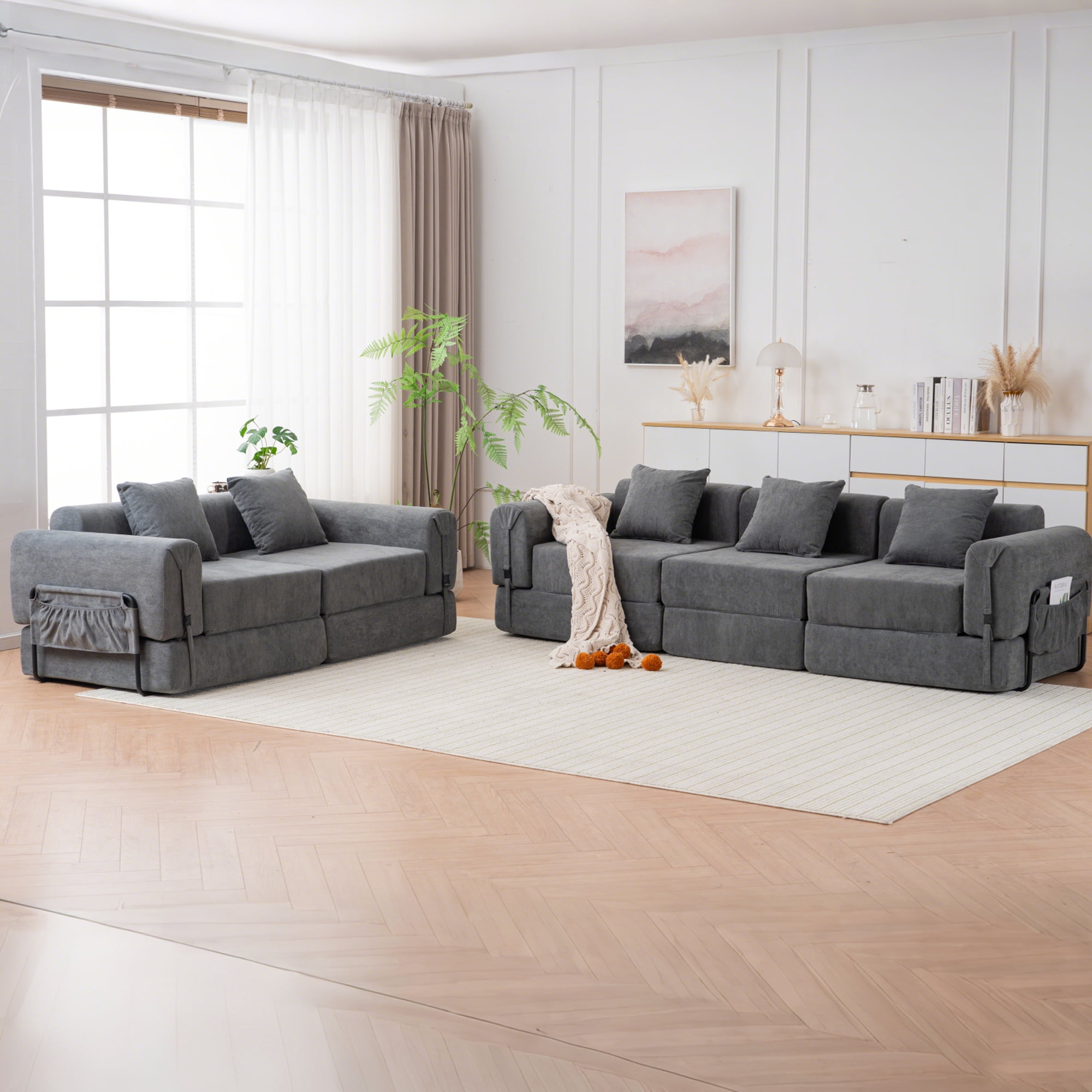 GNIXUU 98.81" Modern Modular Recliner Sofa, Convertible Sleeper Bed,Folding Mattress 3 Seater Couch with Fixed-Shape Frame ,Comfy Lazy Boneless Couches for Living Room Bedroom Lounge,Gray