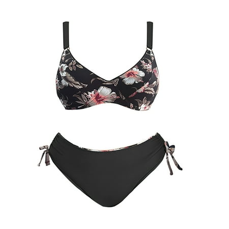 YOTMKGDO Womens Swimsuits  Women 2 Piece Swimsuits Bikini Plus Size Print High Waisted Bottom Bathing Suits Vintage Ladies Split High Waist Bikini Swimsuit  Black+XL