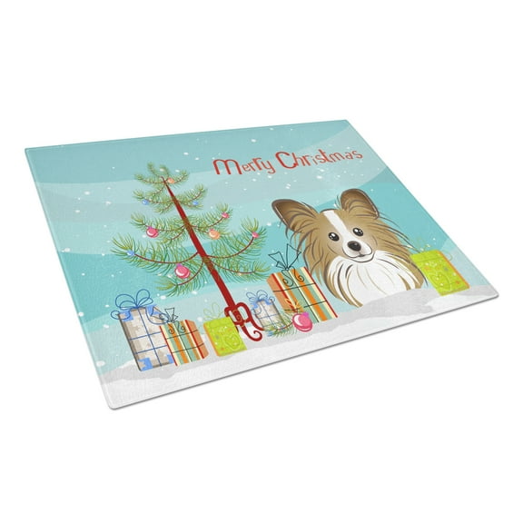 Carolines Treasures Christmas Tree and Papillon Glass Cutting Board Large 12H x 16W multicolor