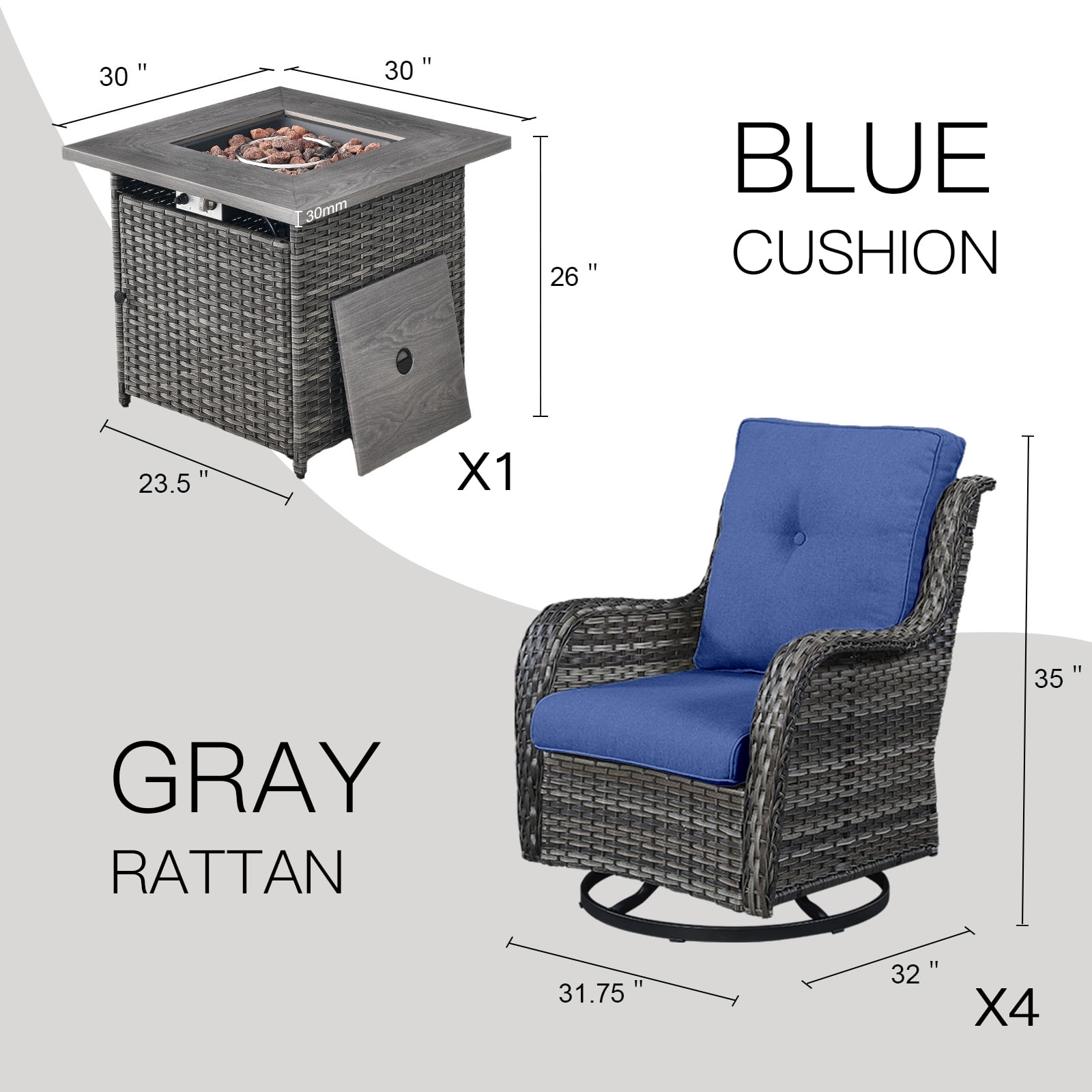 Gymojoy 5-Piece Patio Furniture Set with Rectangular Fire Pit Table, Swivel Rocking Chairs, Outdoor High Back Wicker Rattan Conversation Set with 4-inch Blue Cushions