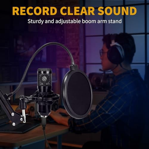 Condenser Microphone,Professional USB Microphone Plug & Play PC Computer Microphone Condenser Cardioid Mic Kit with Adjustable Boom Arm Stand Shock Mount,for Podcast,Streaming,YouTube，Tiktok
