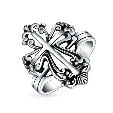 Fleur De Lis Solid Ring - Vintage Style Christian Religious Fleur De Lis Cross Ring For Women For Men Oxidized 925 Sterling Silver