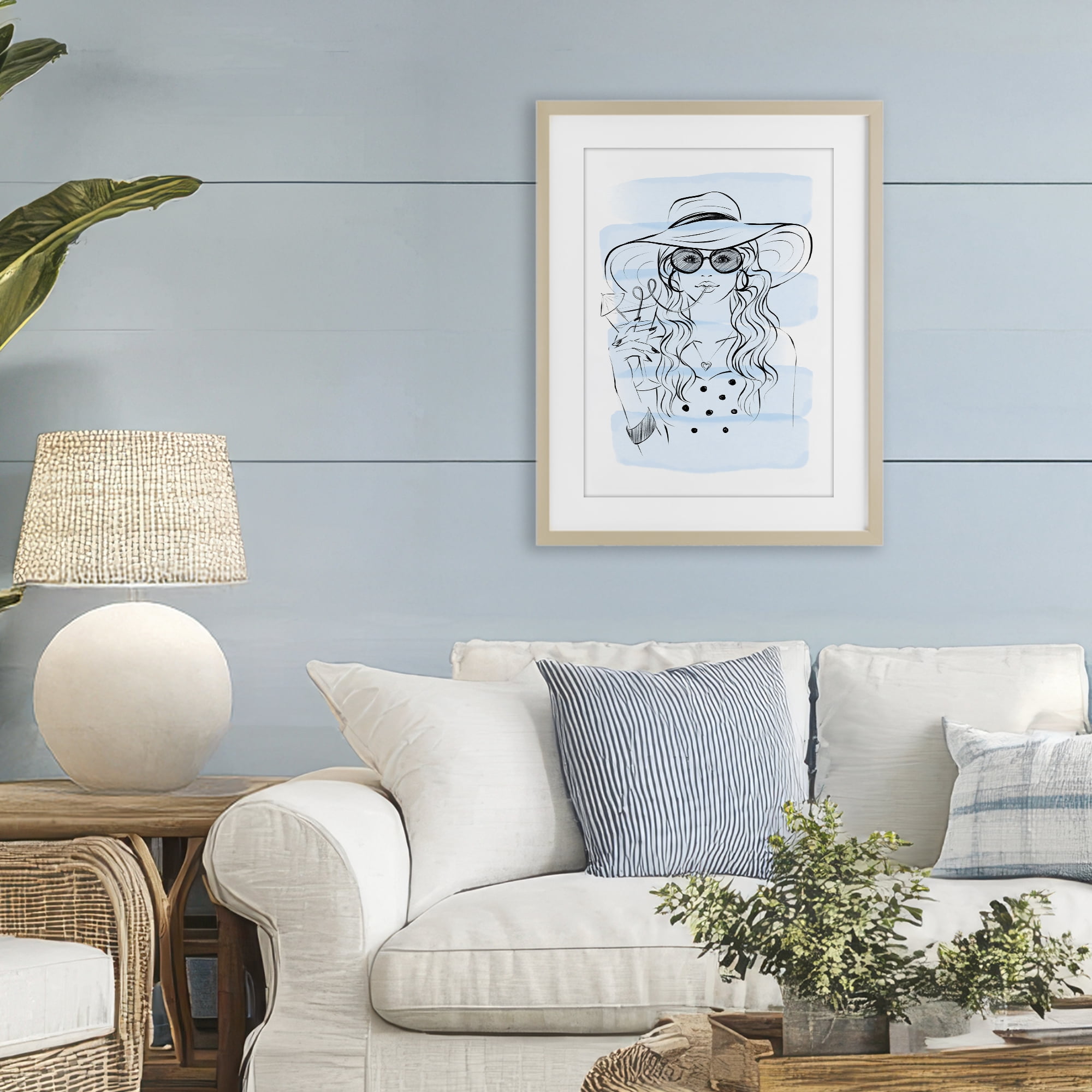 Stupell Industries Sipping Drink Girl in Sun Hat Birch Framed Print Under Glass, design by Martina Pavlova