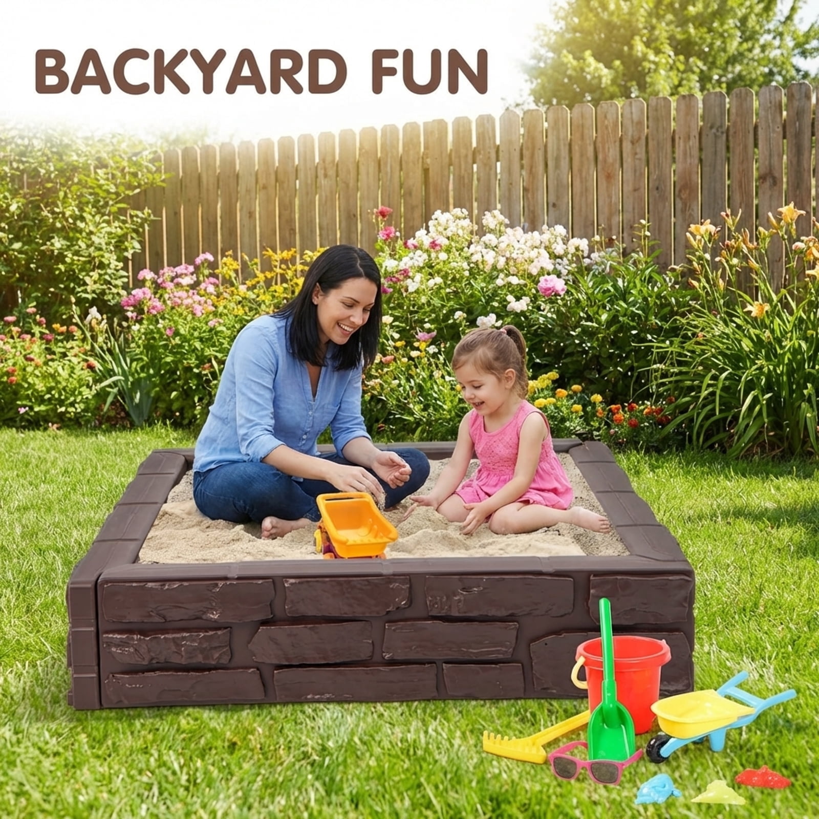 Redsmile Kids Sandbox with Cover, 47x47 Inch Square Sand Box,HDPE Large Sand Box with Bottom Liner for Outdoor Backyard, Beach, Park, Gift for Boys Girls,Brown