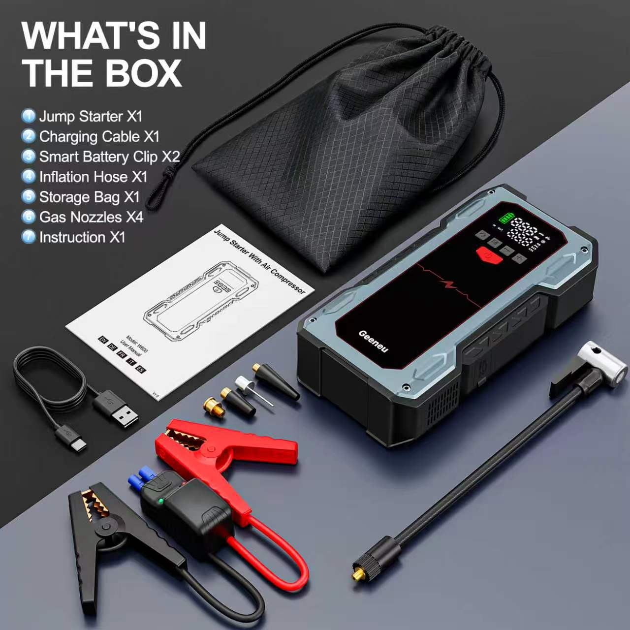 Geeneu 6000A Jump Starter with Air Inflator & Deflator Compressor, 7-in-1 Portable 12V Car Battery Jump Box Power Pack for All Gas/12L Diesel Engine with 150PSI Tire Inflator & Extended Jumper Cable