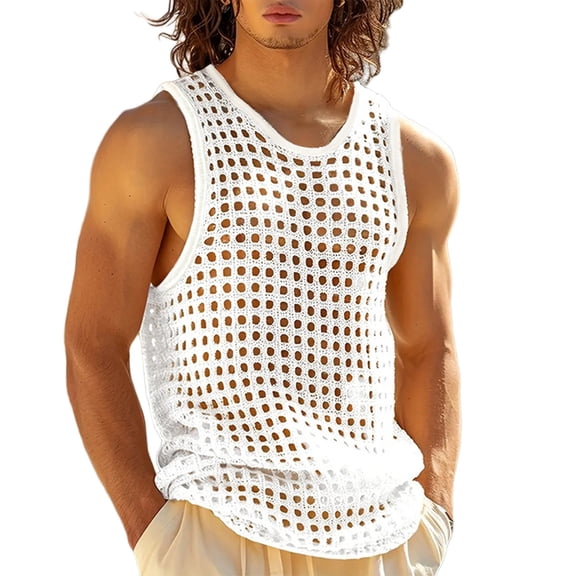 Ynynloco Tank Tops Men See Through Hollow Out Crochet Sleeveless Crew Neck Vest Casual Fishnet Sexy Breathable Beach Muscle Tanks