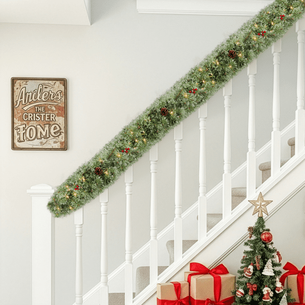 2-Pack 9FT Pre-Lit Snow Flocked Christmas Garlands, 440 Branch Tips, 200 Warm White LEDs, for Indoor/Covered Outdoor (Mantel/Staircase/Entryway)