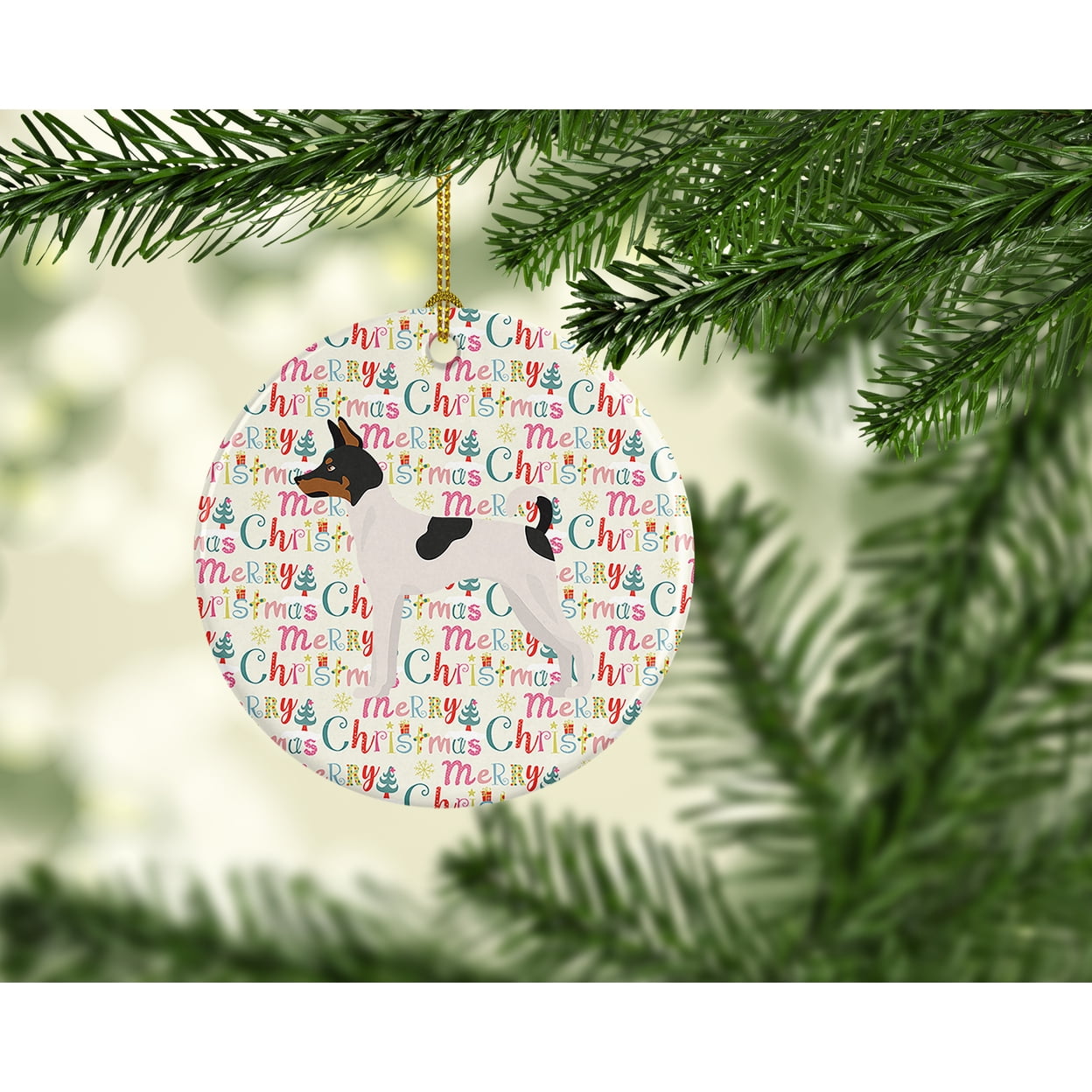 Toy Fox Terrier Merry Christmas Ceramic Ornament 2.8 in x 2.8 in