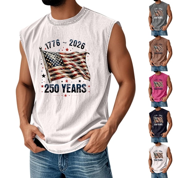 Men's Crew Neck Muscle Tee with Waving American Flag Graphic and "1776 to 2026" 250 Years Text Surrounded by Stars, Soft Cotton Blend for Daily Wear or Family Gatherings Black L