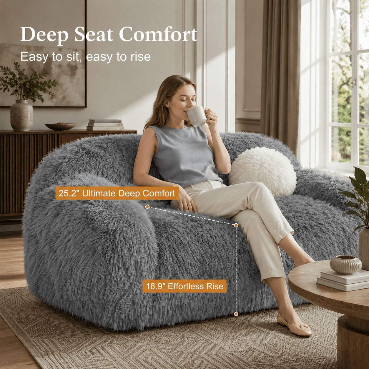 Aenkyo 84 Inch Plush Faux Fur Sofa, 25 Inch Deep Seat 3-Seater Couch with Ball Pillow, Gray