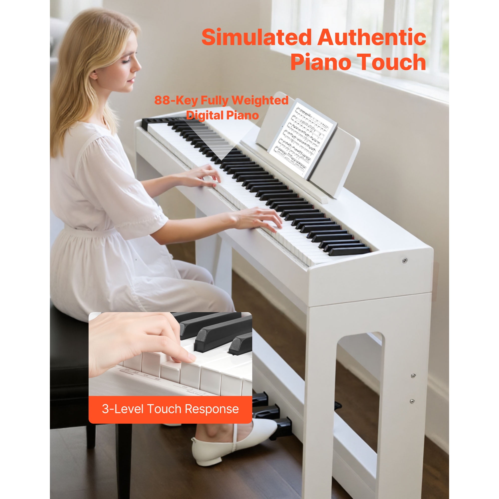 KFFKFF 88-Key Fully Weighted Digital Piano with Stand, Power Adapter, Triple Pedal, Recording Feature, 280 Tones, Wireless Connectivity, Ideal for Beginners, White