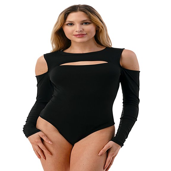 STEPBYJ Women's Cutout Off Shoulder Round Neck Sexy Casual Long Sleeve and Short Sleeve Bodysuit (XS, BLACK)