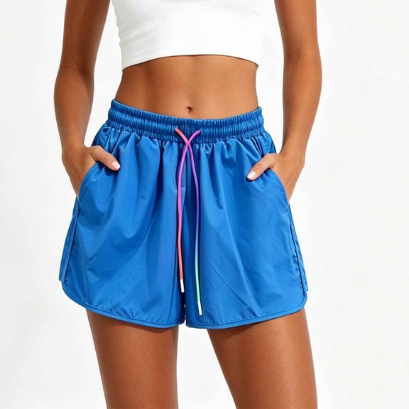 Qgtaibl Womens Plus Size Athletic Shorts Elastic Waist Drawstring Running Shorts with Pockets Summer Lightweight Loose Fit Workout Shorts for Gym Yoga Blue XL