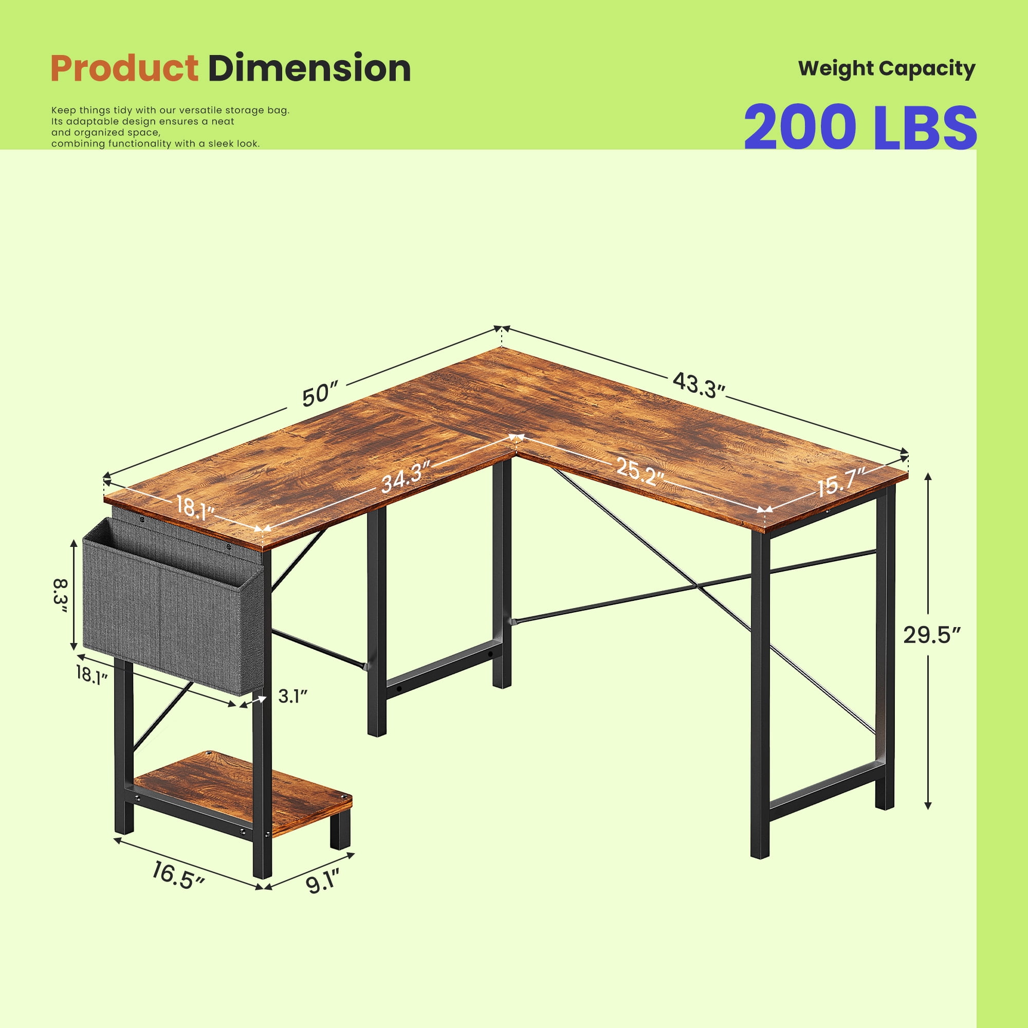 KPUY 49-Inch L Shaped Desk with CPU Stand Side Bag, Gaming Desk Home Office Desk for Home Office Dorm Sturdy Writing Workstation, Brown