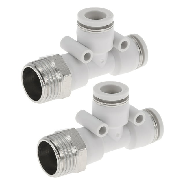Conectores de aire en T de 3/8" para línea de aire, conector rápido de plástico y metal, 1/2" BSPT, 2 piezas, tono blanco y plateado