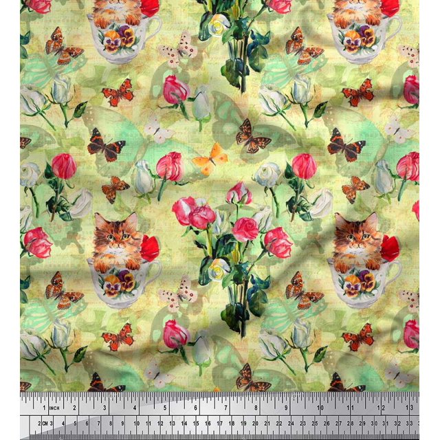 Soimoi Yellow Poly Georgette Fabric Cat,Insect & Rose Buds Flower Decor Fabric Printed BTY 42 Inch Wide