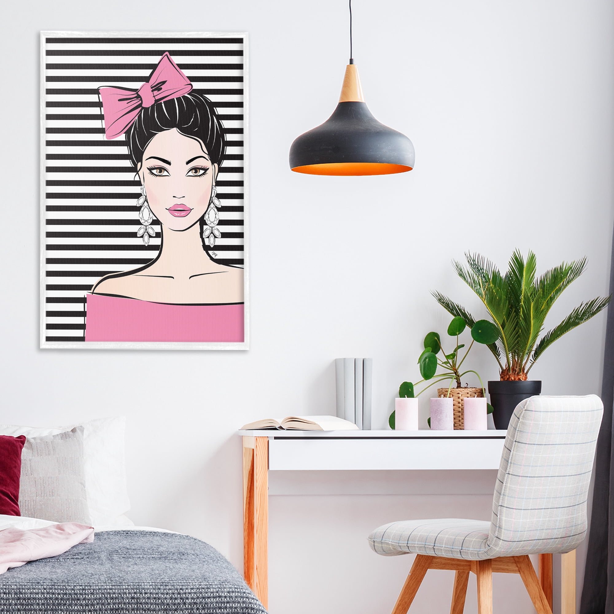 Stupell Industries Girl with Pink Bow & Earrings White Framed Giclee Art, design by Martina Pavlova