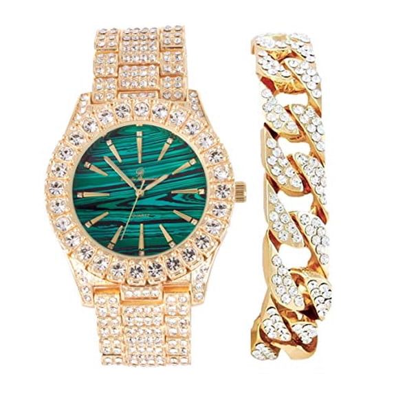 Mens Silver Big Rocks with Roman Numerals Fully Iced Out Colorful Dial Watch w/Bling'ed Out Cuban Shiny Silver Bracelet - ST10327 RN Cuban (ST10236Marble Grn Gld)