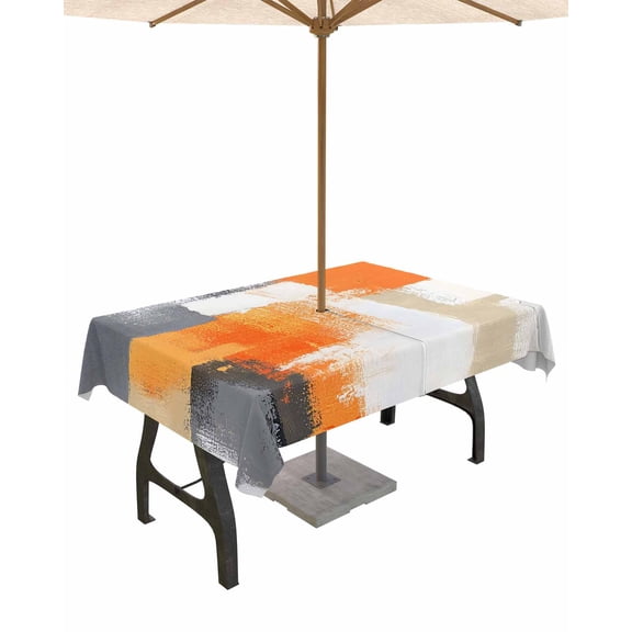 Outdoor Tablecloth with Umbrella Hole for Patio/Picnic/Party/Camping, Burnt Orange Grey Waterproof Table Cloth Rectangle Table Cover Washable, Abstract Geometric Oil Painting Modern (60"x 102")