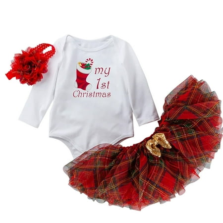 

Girl Autumn Dress Baby Girl 1st Christmas Outfits Letter Print Romper+Plaid Tutu Dress+Headband 3PCS Clothes Set