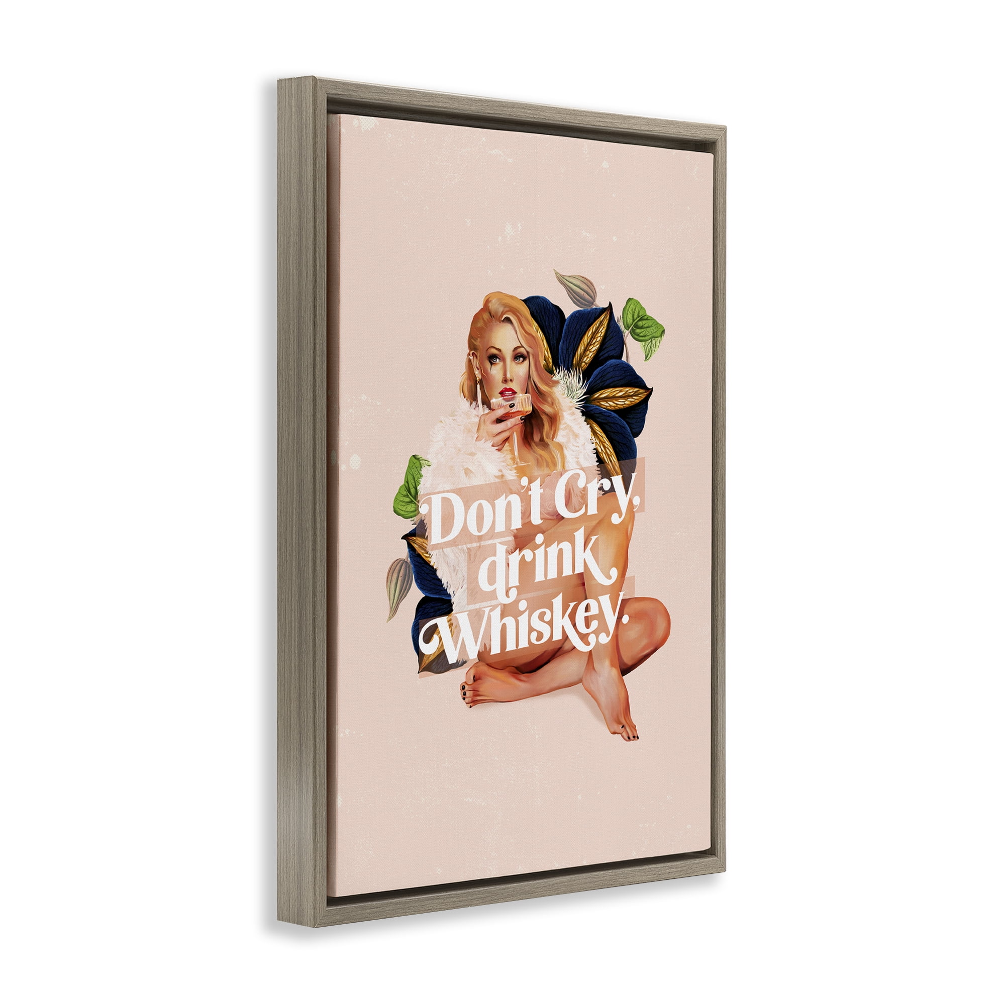 Stupell Industries Don't Cry Drink Whiskey People Painting Brown Floater Framed Canvas Art Print Wall Art, 17 x 25