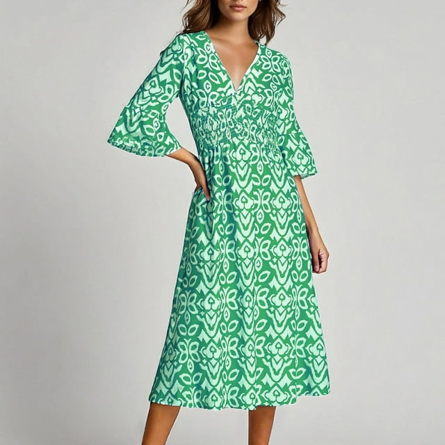 Pisexur Robes Femmes Belle Robe d'Été pour Femmes, Mode Femmes Été Décontractée Col en V Manches Courtes Imprimé Longue Robe Vert, m