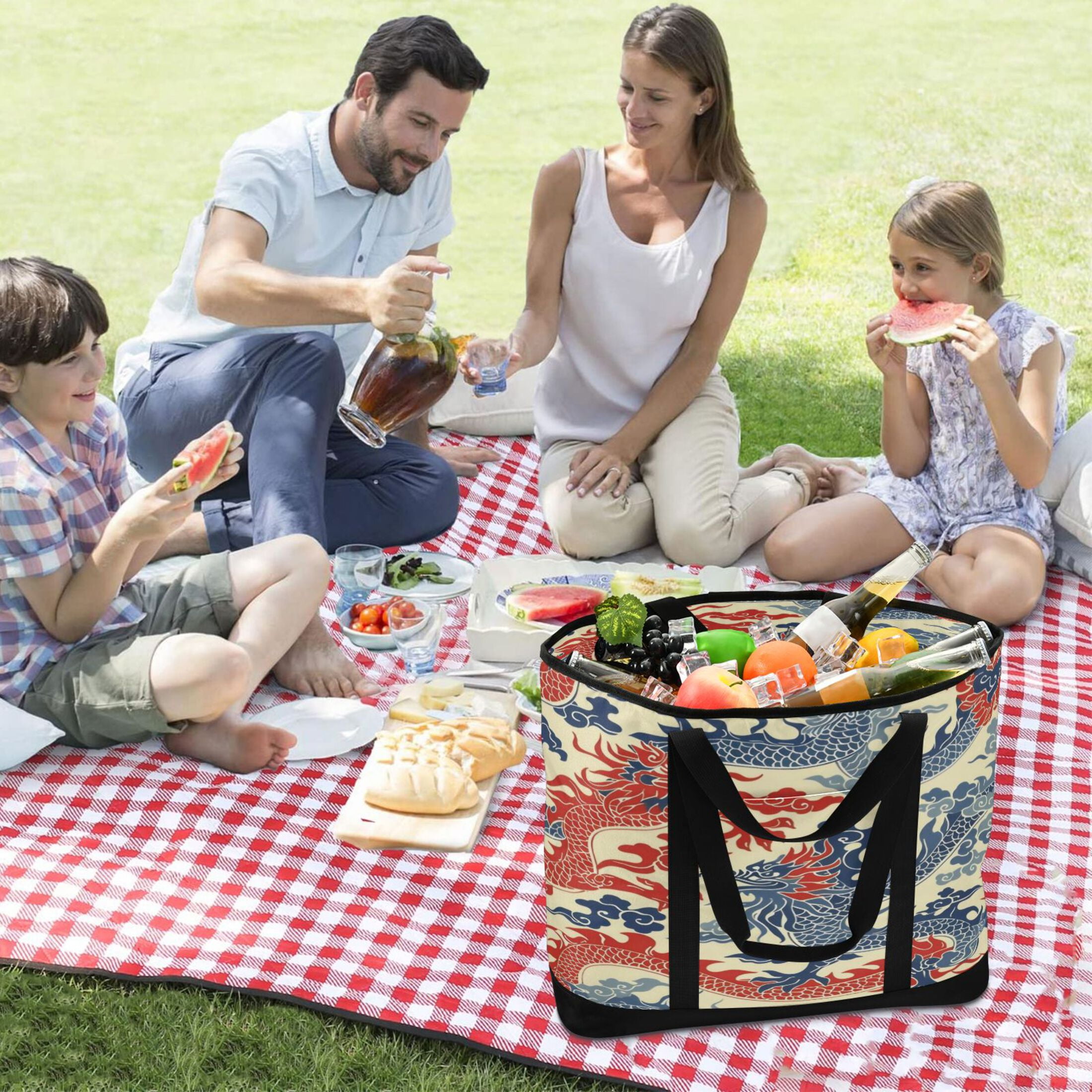 Large Hand-held Ice Pack Picnic Bag Insulation and Refrigeration Suitable for Shopping Picnics and Camping Red and Blue Dragon