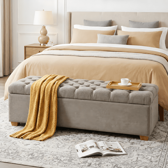 60" Storage Bench, End of Bed Storage Benches, Chenille Fabric Upholstered Ottoman Bench with Safety Hinge for Living Room Entryway Bedroom Hallway, Grey