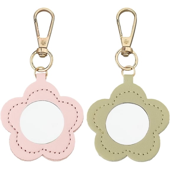2PCS 2 Color Makeup Mirror Key Holder Portable Flower Keychain Bulk Cute PU Leather Key Ring Organizer Mini Floral Pendant Keychain for Women Purse Bags Charm(Green Pink)