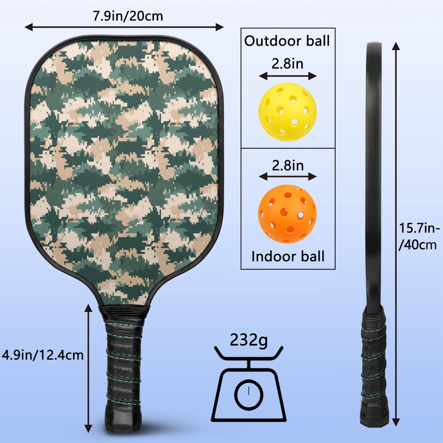 Pickleball Paddles Set Of 1, Fiberglass Surface, Camouflage Print, 1 Paddle, 2 Balls & Bag
