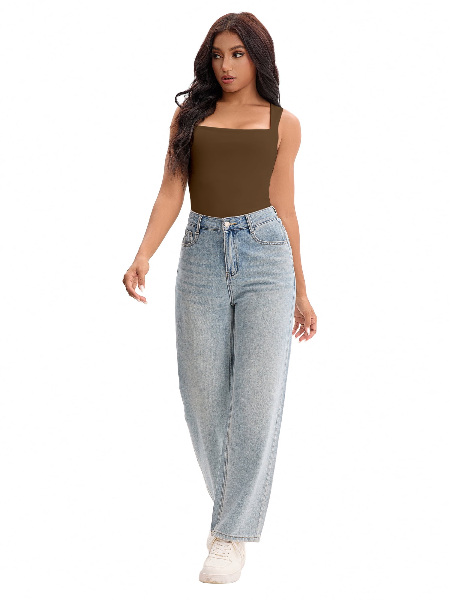 Unique Bargains Square Neck Sleeveless Tank Camisoles M Brown