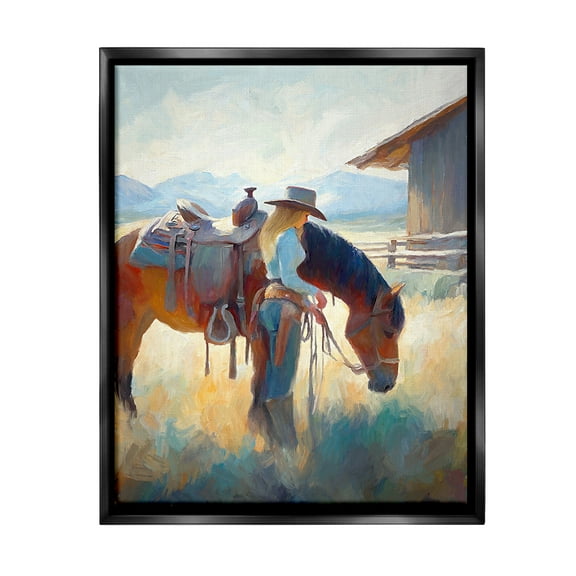 Stupell Industries Equestrian Girl & Horse Animals & Insects Painting Black Floater Framed Canvas Art Print Wall Art, 17 x 21